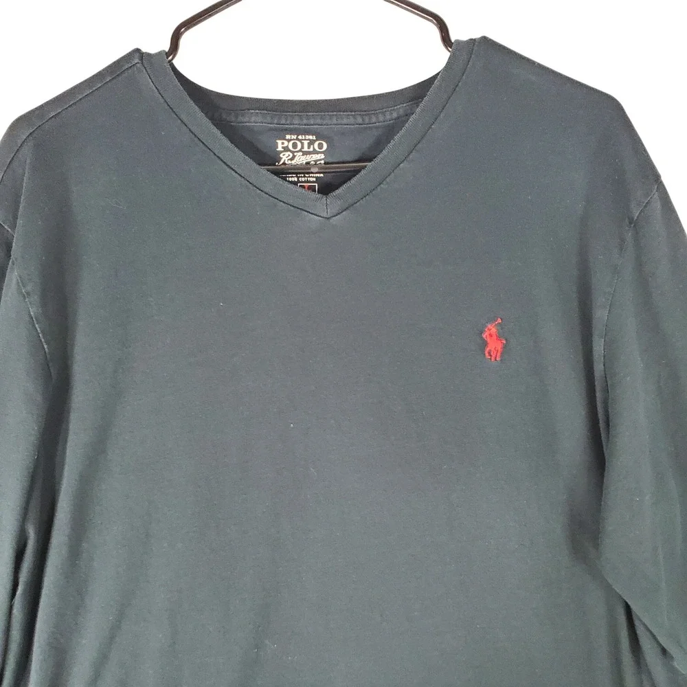 Polo Ralph Lauren Mens V-Neck Long Sleeve T-Shirt Black Red Pony Size L